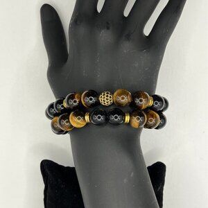 Tiger Eye Cubic Zirconia + Black Agate Gemstone 2-strand Bracelet Brand New